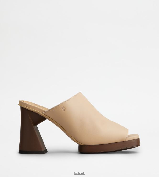Tod's Women Platform Mules in Leather With Heel 602L84220 Beige