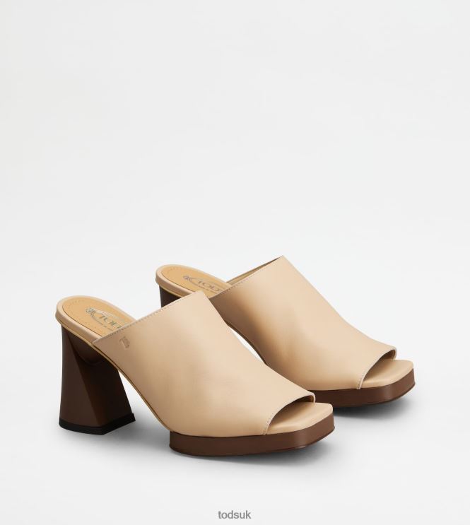 Tod's Women Platform Mules in Leather With Heel 602L84220 Beige