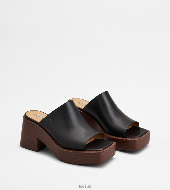 Tod's Women Platform Mules in Leather With Heel 602L84222 Black