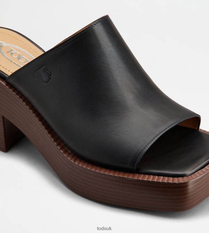 Tod's Women Platform Mules in Leather With Heel 602L84222 Black