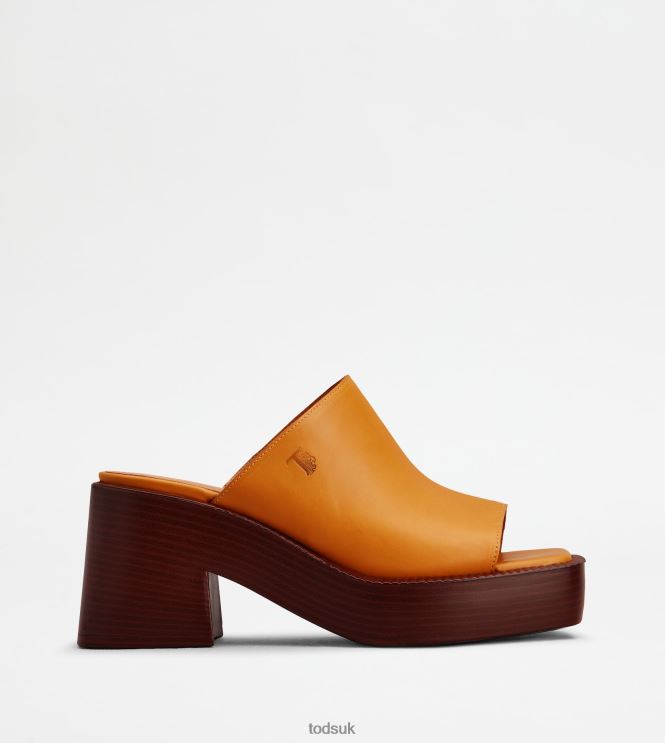 Tod's Women Platform Mules in Leather With Heel 602L84223 Orange