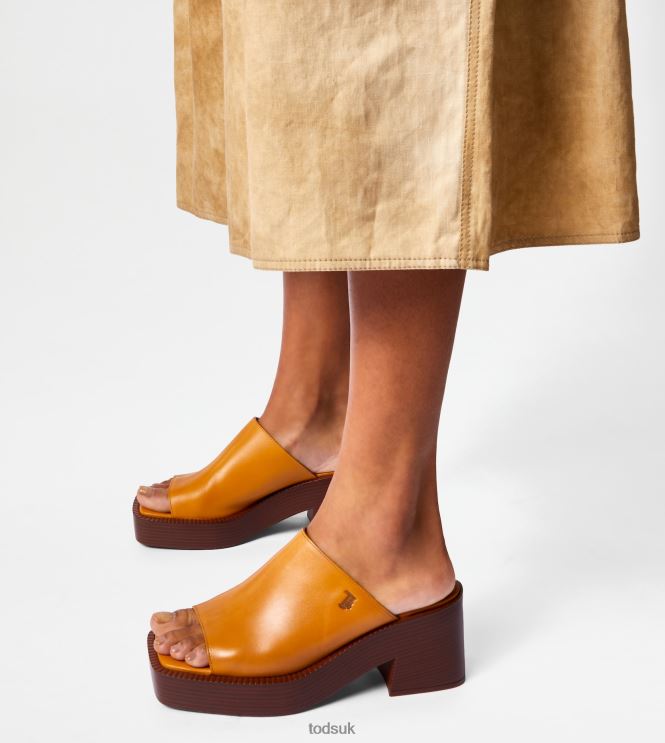 Tod's Women Platform Mules in Leather With Heel 602L84223 Orange
