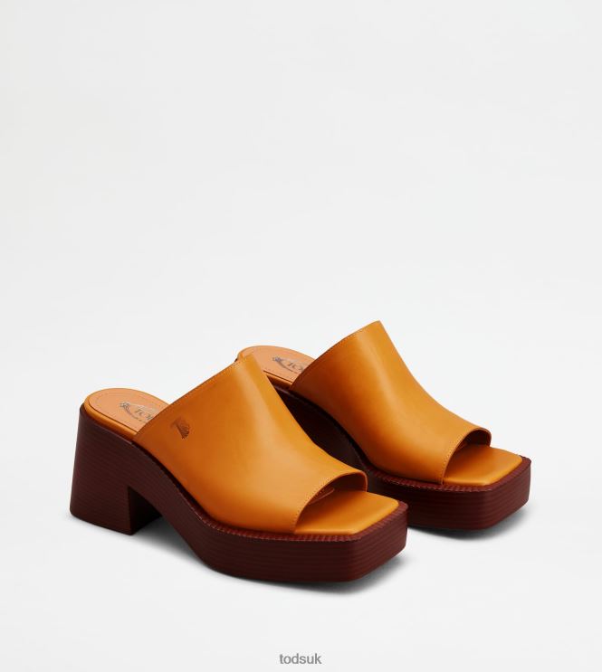 Tod's Women Platform Mules in Leather With Heel 602L84223 Orange