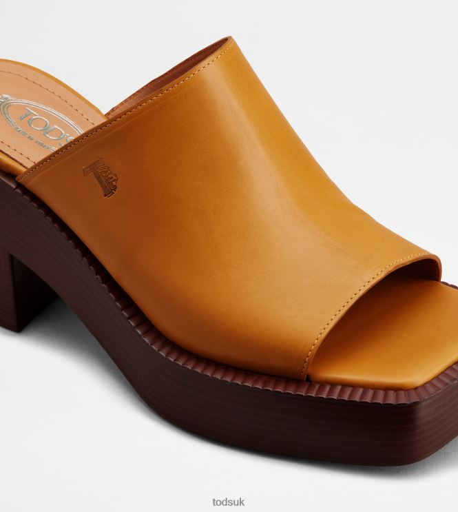 Tod's Women Platform Mules in Leather With Heel 602L84223 Orange