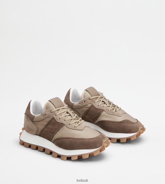 Tod's Women Sneakers 1T in Suede and Fabric 602L84136 Brown/Beige